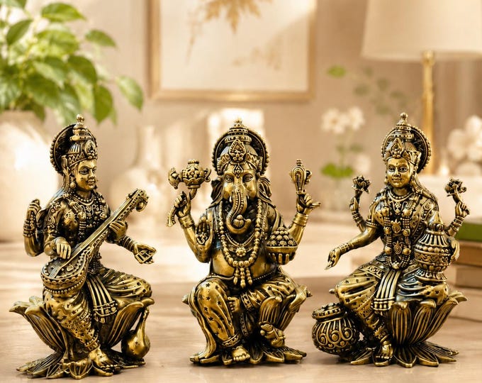 Brass Lakshmi Ganesha Saraswati Idol Set | Antique Finish Hindu Trio Home Temple Decor