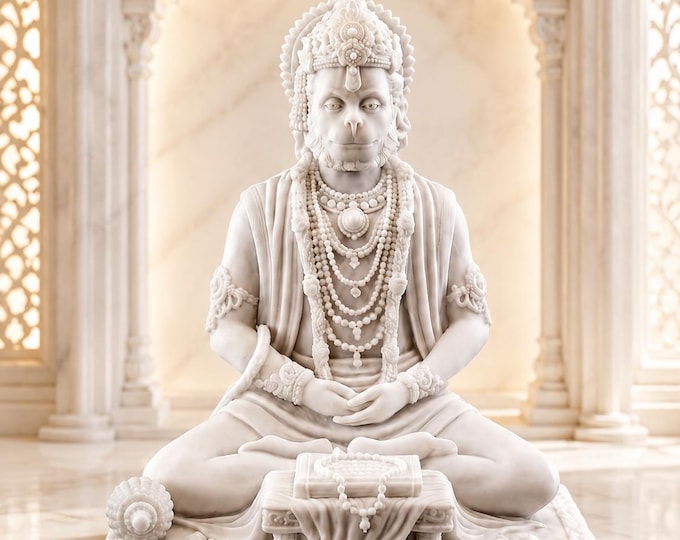 Sitting Hanuman Statue | Marble Look Bajrangbali Idol, Resin Sculpture, Hindu Decor