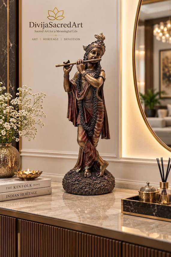 Large Krishna Statue, Flute Playing Krishna Idol, Antique Bronze Resin Hindu Decor