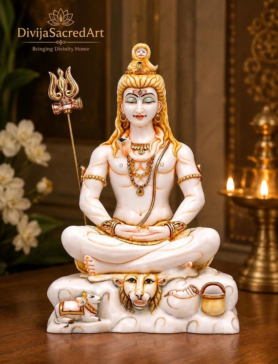Meditating Lord Shiva Statue | Nandi Lion Base Hindu Murti, Spiritual Home Temple Decor