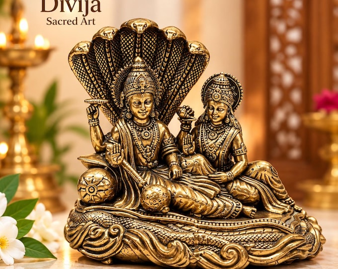 Vishnu Lakshmi Brass Statue, Lakshmi Narayan Murti, Hindu God Idol, Sheshnag Home Mandir Decor