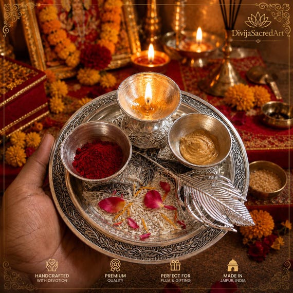 German Silver Pooja Thali Set | Handcrafted Puja Thali, Diwali Gift, Home Temple (Velvet Box)