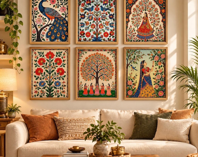 Set of 6 Indian Folk Wall Art Prints, Boho Home Decor (Digital Download)