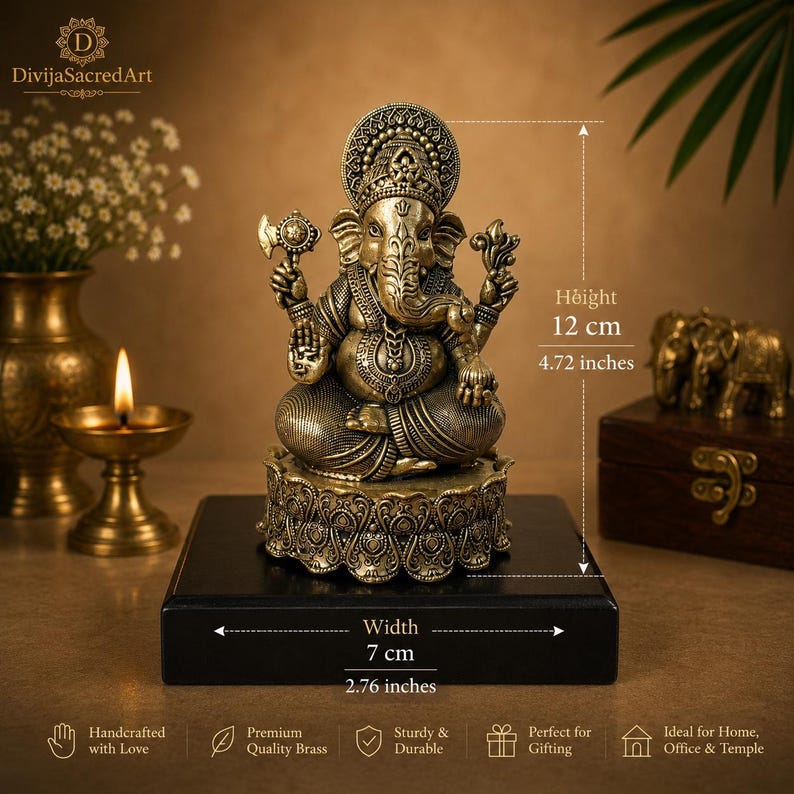 Handcrafted Brass Ganesha Idol and Elephant Pair | Hindu Home Decor Set image 3