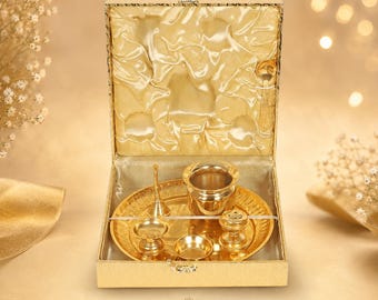 Gold Plated Steel Pooja Thali Set | Puja Essentials Kit, Gift Box