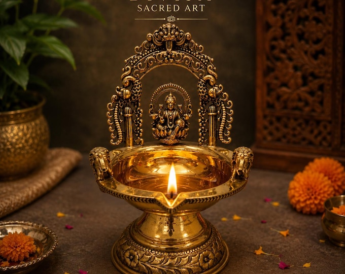 Laxmi Diya with Goddess Lakshmi | Golden Finish Oil Lamp | Hindu Pooja Decor | Diwali Gift | Lakshmi Statue | Indian Home Temple Decor