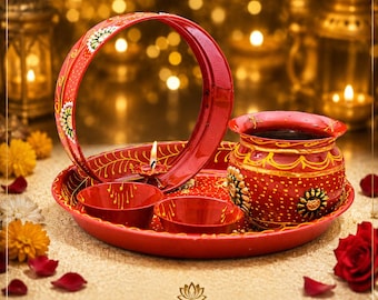 Hand-Painted Steel Karwa Chauth Thali Set | Puja Thali, Channi | Indian Festival Decor