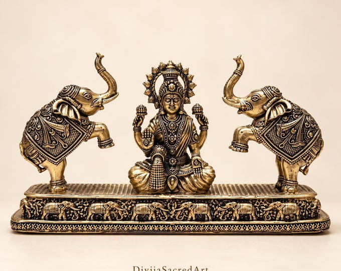 Brass Lakshmi Goddess Statue with Elephant Pair, Hindu Temple Decor, Antique Brass Idol, Indian Spiritual Home Decor, Sacred Gift