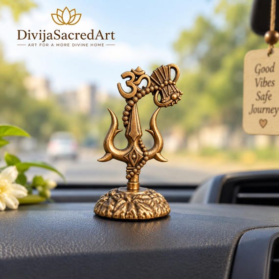 Brass Om Trishul Car Dashboard Idol | Lord Shiva Trident Decor | Spiritual Car Accessory | Hindu Gift