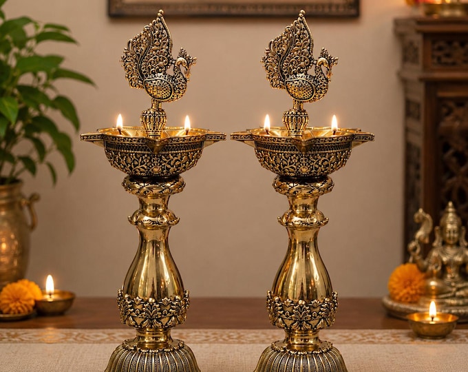 Brass Peacock Diya Oil Lamp | Traditional Indian Puja Decor, Home Temple Accent