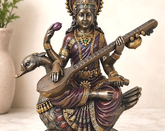 Antique Finish Goddess Saraswati Statue Sitting on Swan | Goddess of Knowledge Sculpture