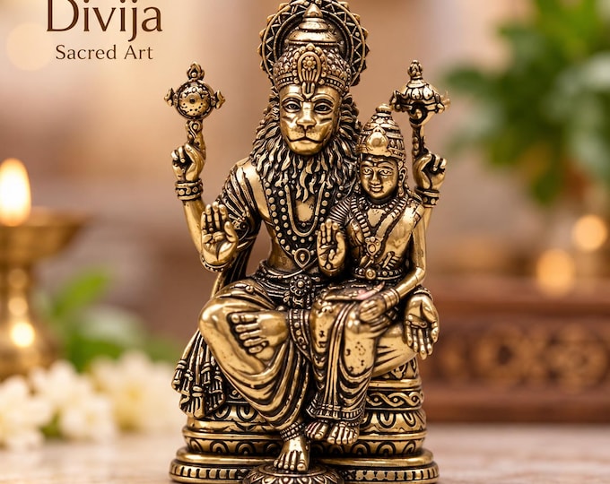 Narasimha Lakshmi Brass Statue, Lord Narasimha Idol, Hindu God Murti, Home Mandir Pooja Decor