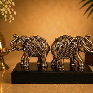 Handcrafted Brass Ganesha Idol and Elephant Pair | Hindu Home Decor Set Elephant Pair