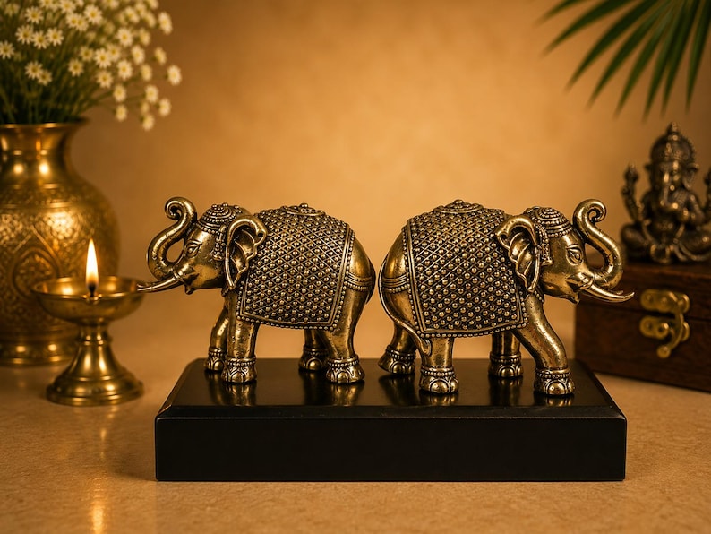 Handcrafted Brass Ganesha Idol and Elephant Pair | Hindu Home Decor Set Elephant Pair
