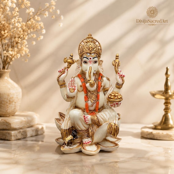 Lord Ganesha Statue, Resin Marble Dust Sculpture, Home Temple Decor, Prosperity Idol