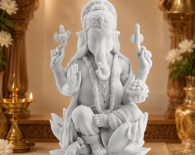 White Marble Ganesha Statue | Lotus Idol, Home Temple, Desk Decor, Prosperity Gift