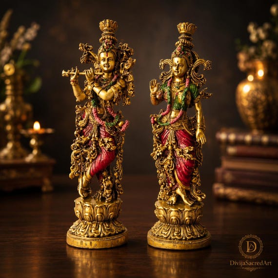Radha Krishna Idol Set | Cultured Marble Statue | Cold Cast Resin Marble Dust Murti | Handcrafted Hindu God Sculpture | Home Temple Decor