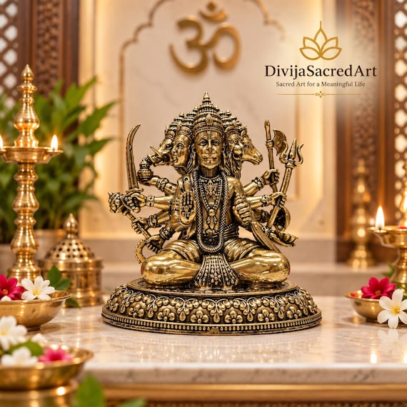 Panchmukhi Hanuman Statue, Brass Hanuman Idol, Five Faced Hanuman Murti, Hindu Temple Decor