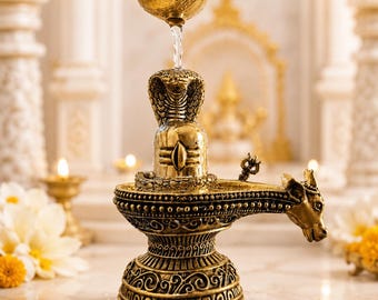 Brass Shiva Lingam with Nandi, Vasuki Nag | Antique Finish Hindu Temple Decor