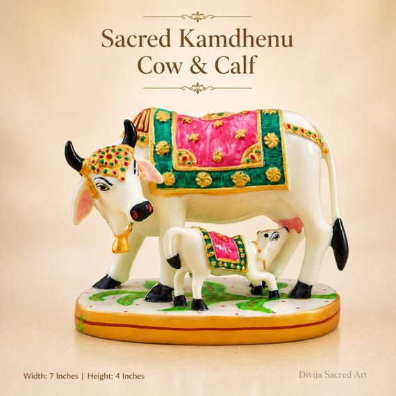 Sacred Kamdhenu Cow Calf Statue | Handcrafted Spiritual Home Decor, Pooja Room, Vastu Idol