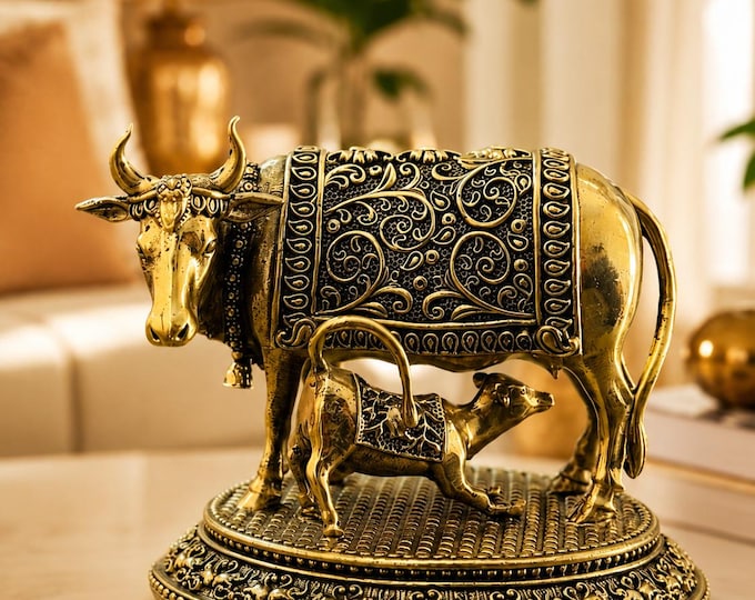 Brass Kamdhenu Cow Calf Statue | Antique Sacred Gomata Idol, Hindu Temple Decor