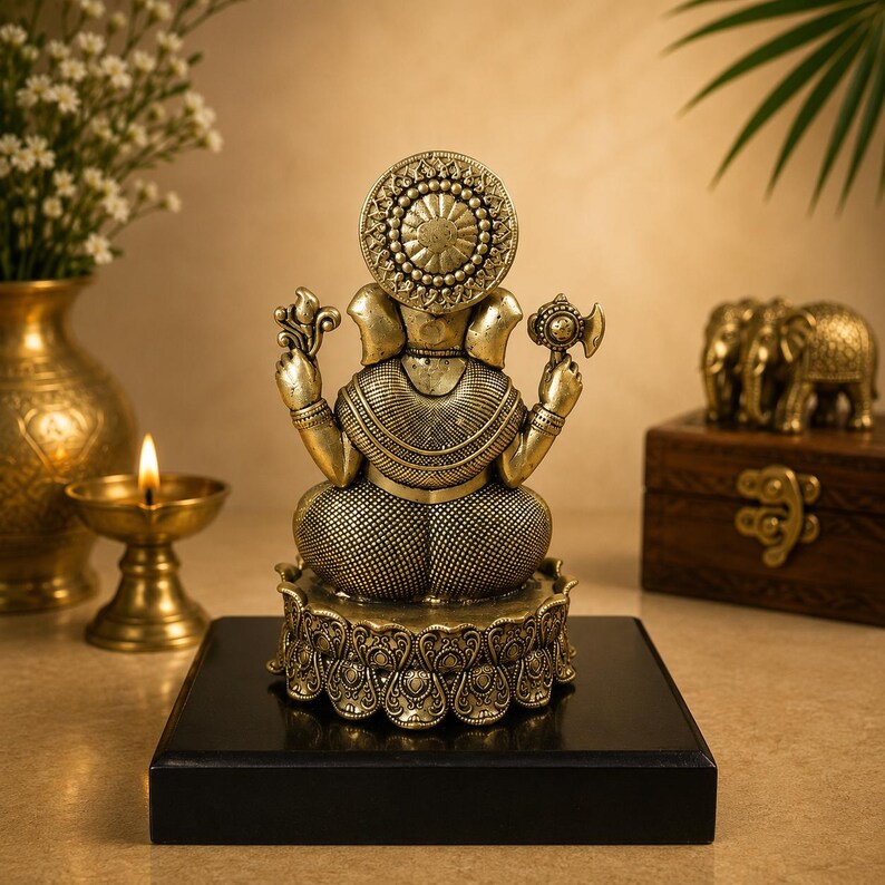 Handcrafted Brass Ganesha Idol and Elephant Pair | Hindu Home Decor Set image 9