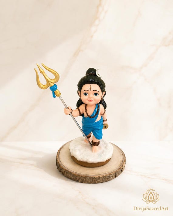Bal Shiva Idol with Trishul | Handcrafted Baby Lord Hindu Deity Car Desk Decor