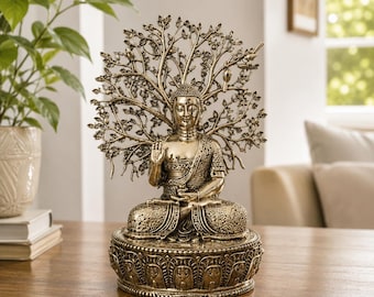 Brass Buddha Statue with Bodhi Tree | Meditating Idol Antique Finish Zen Decor