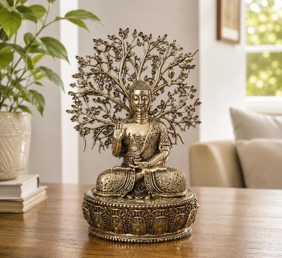 Brass Buddha Statue with Bodhi Tree | Meditating Idol Antique Finish Zen Decor