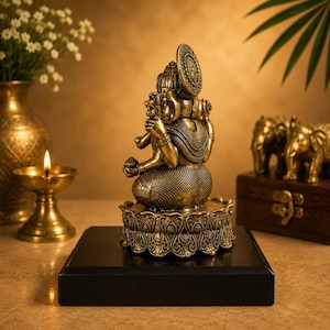 Handcrafted Brass Ganesha Idol and Elephant Pair | Hindu Home Decor Set image 7