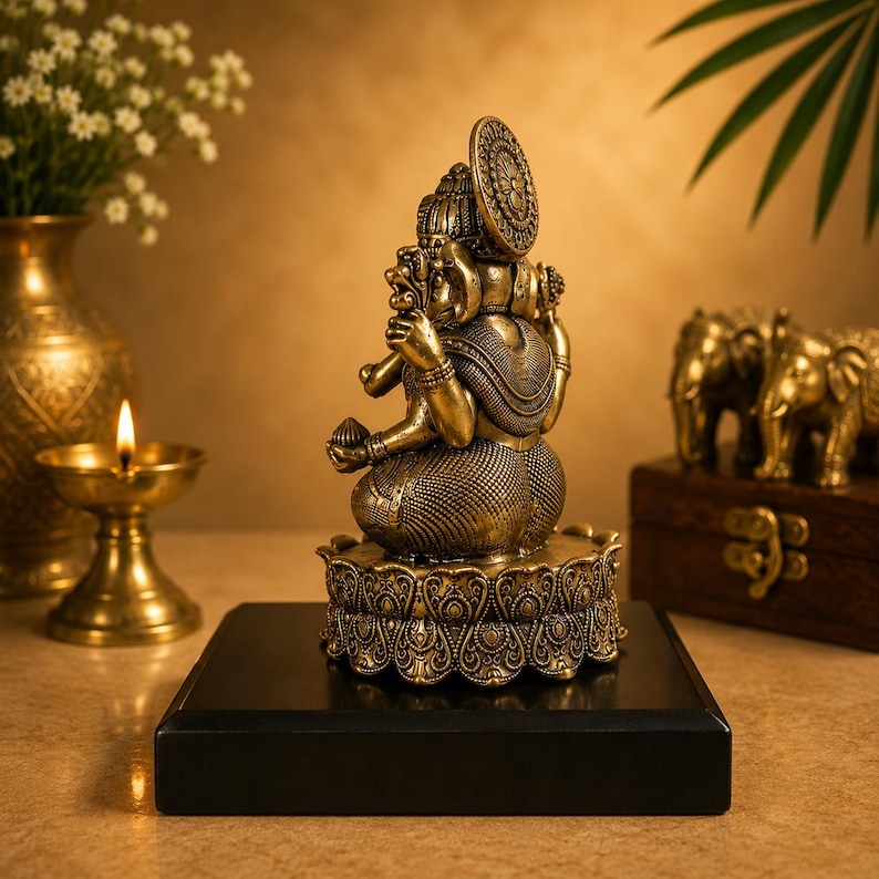 Handcrafted Brass Ganesha Idol and Elephant Pair | Hindu Home Decor Set image 7