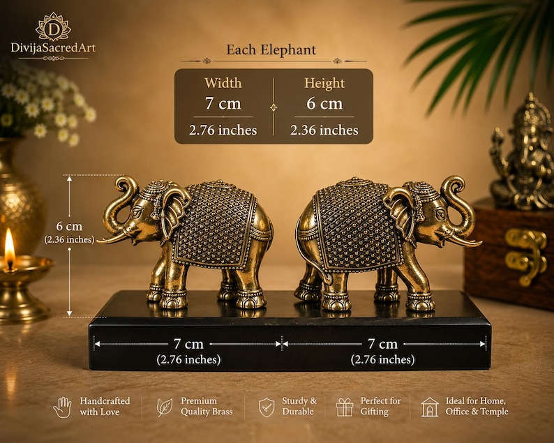 Handcrafted Brass Ganesha Idol and Elephant Pair | Hindu Home Decor Set image 6