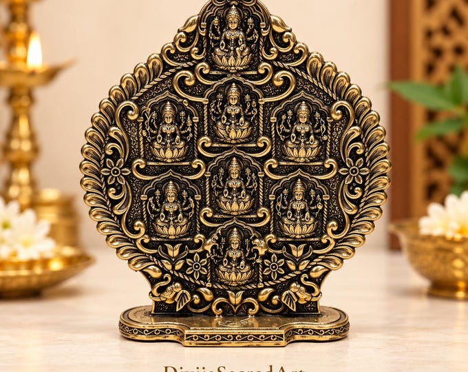 Brass Ashta Lakshmi Statue, Antique Gold Hindu Goddess Idol, Eight Lakshmi Home Temple Decor, Indian Spiritual Gift