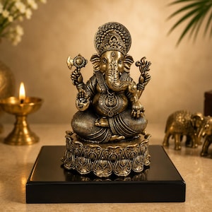 Handcrafted Brass Ganesha Idol and Elephant Pair | Hindu Home Decor Set Ganesha