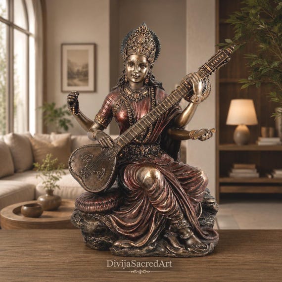 Goddess Saraswati Statue Playing Veena Antique Finish | Handcrafted Hindu Idol , Spritual Decor