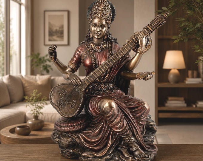 Goddess Saraswati Statue Playing Veena Antique Finish | Handcrafted Hindu Idol , Spritual Decor