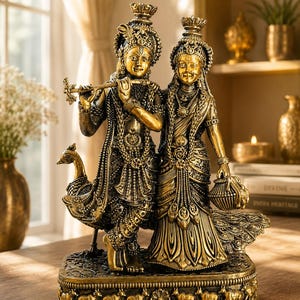 May include: A gold-toned statue of Radha and Krishna standing together on a rectangular base. Krishna plays a flute while Radha holds a small pot. Both figures wear ornate traditional attire and crowns. A peacock is positioned beside them.