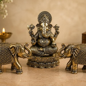 Handcrafted Brass Ganesha Idol and Elephant Pair | Hindu Home Decor Set Complete Brass Set