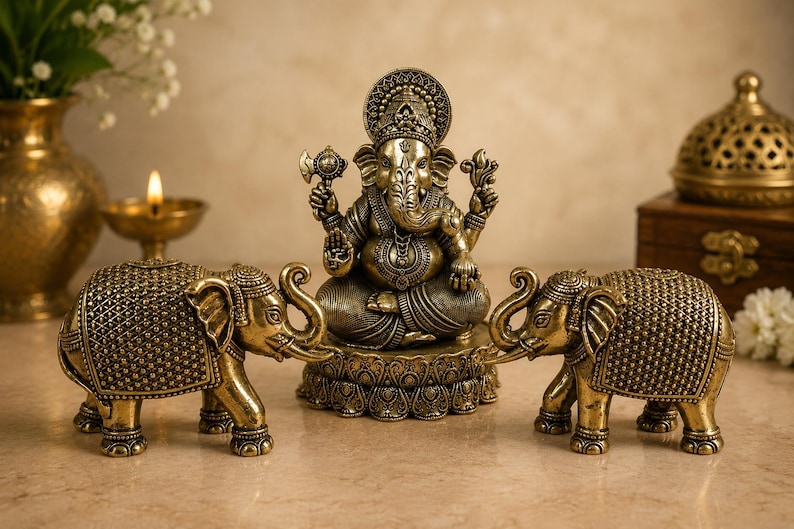 Handcrafted Brass Ganesha Idol and Elephant Pair | Hindu Home Decor Set Complete Brass Set