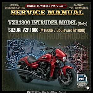 Op de afbeelding: Een rode Suzuki VZR1800 Intruder motorfiets met zwarte onderdelen is afgebeeld. De afbeelding bevat de tekst "Service Manual" en "Instant Download (PDF Format)". De achtergrond toont een motorontwerp in blauwdrukstijl.