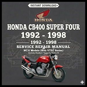 Op de afbeelding: Een rode Honda CB400 Super Four motorfiets met zilveren uitlaatpijpen is afgebeeld. De tekst luidt "HONDA CB400 SUPER FOUR 1992-1998 SERVICE REPAIR MANUAL." Het Honda-logo is zichtbaar bovenaan. De achtergrond is donkergrijs.