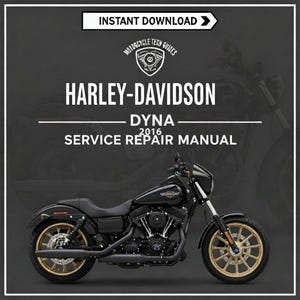 Könnte beinhalten: Schwarzes Harley-Davidson Dyna 2016 Motorrad mit goldfarbenen Felgen. Das Bild enthält den Text "Sofort-Download" und "Service-Reparaturhandbuch". Das Motorrad ist vor einem dunklen Hintergrund platziert.