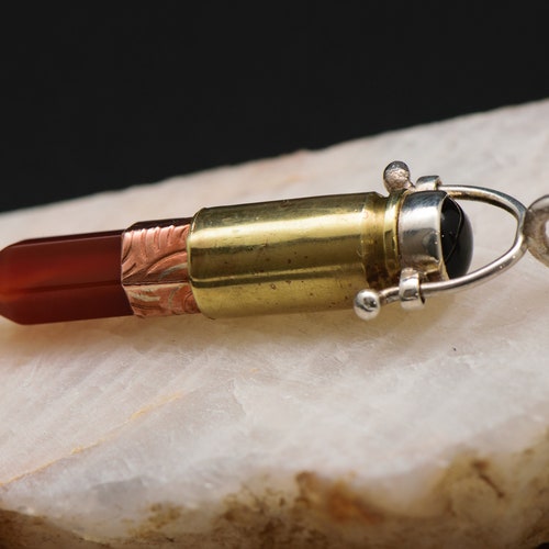 Bullet shops Pendant with Sterling Silver, Copper, Carnelian and Onyx | Hunter's Bullet Pendant with 9mm Casing