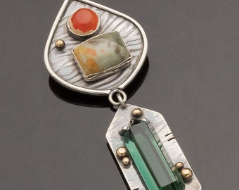 Early Autumn Aspens Pendant w Green Quartz Point, Morrisonite, Orange Fire Opal in Textured Sterling Silver w Bronze Accents