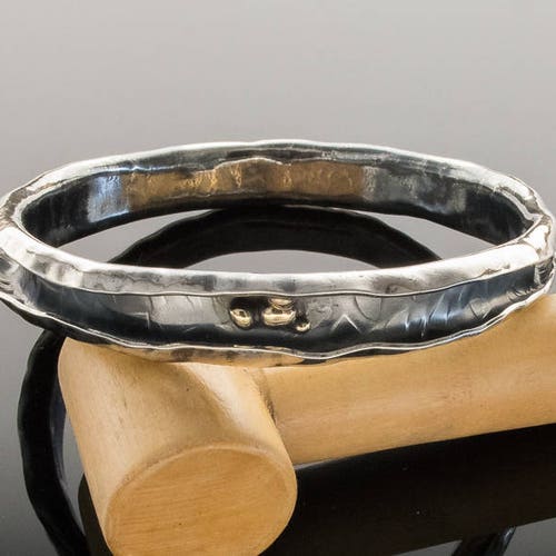 Contemporary Organic Unisex Silver Bangle Bracelet w Gold Accent | Sterling shops Silver and Gold Heavy Bangle Bracelet | Two Tone Bangle Bracelet