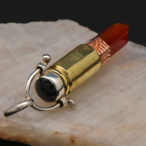 Bullet shops Pendant with Sterling Silver, Copper, Carnelian and Onyx | Hunter's Bullet Pendant with 9mm Casing