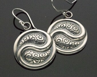 Floral Yin Yang Round Sterling Silver Dangle Earrings with Enamel Option
