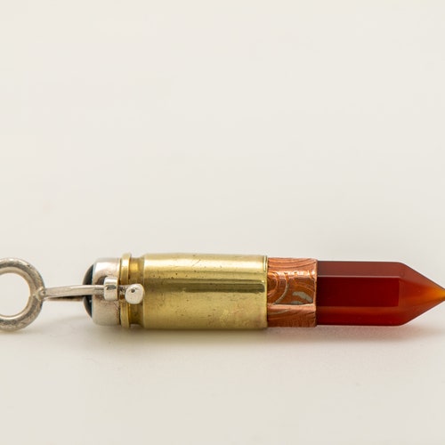 Bullet shops Pendant with Sterling Silver, Copper, Carnelian and Onyx | Hunter's Bullet Pendant with 9mm Casing