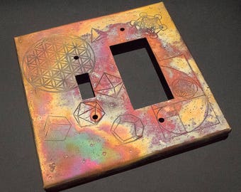 Light Switch Plate Cover, Etched Copper Sacred Geometry Design, Double Gang Hybrid, Oversized