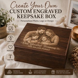 May include: A dark brown wooden keepsake box featuring a laser-engraved portrait of a family of four on the lid. The engraving includes the text Our Greatest Treasures and THE MILLER FAMILY. The box has a smooth finish and a rectangular shape.